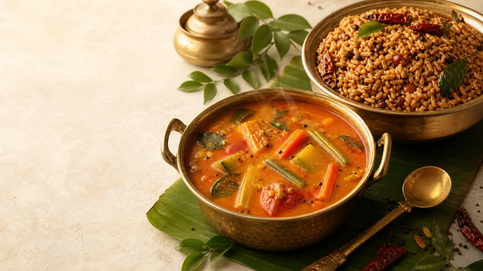 Steaming sambar and traditional Karnataka rice served in brass bowls on a banana leaf