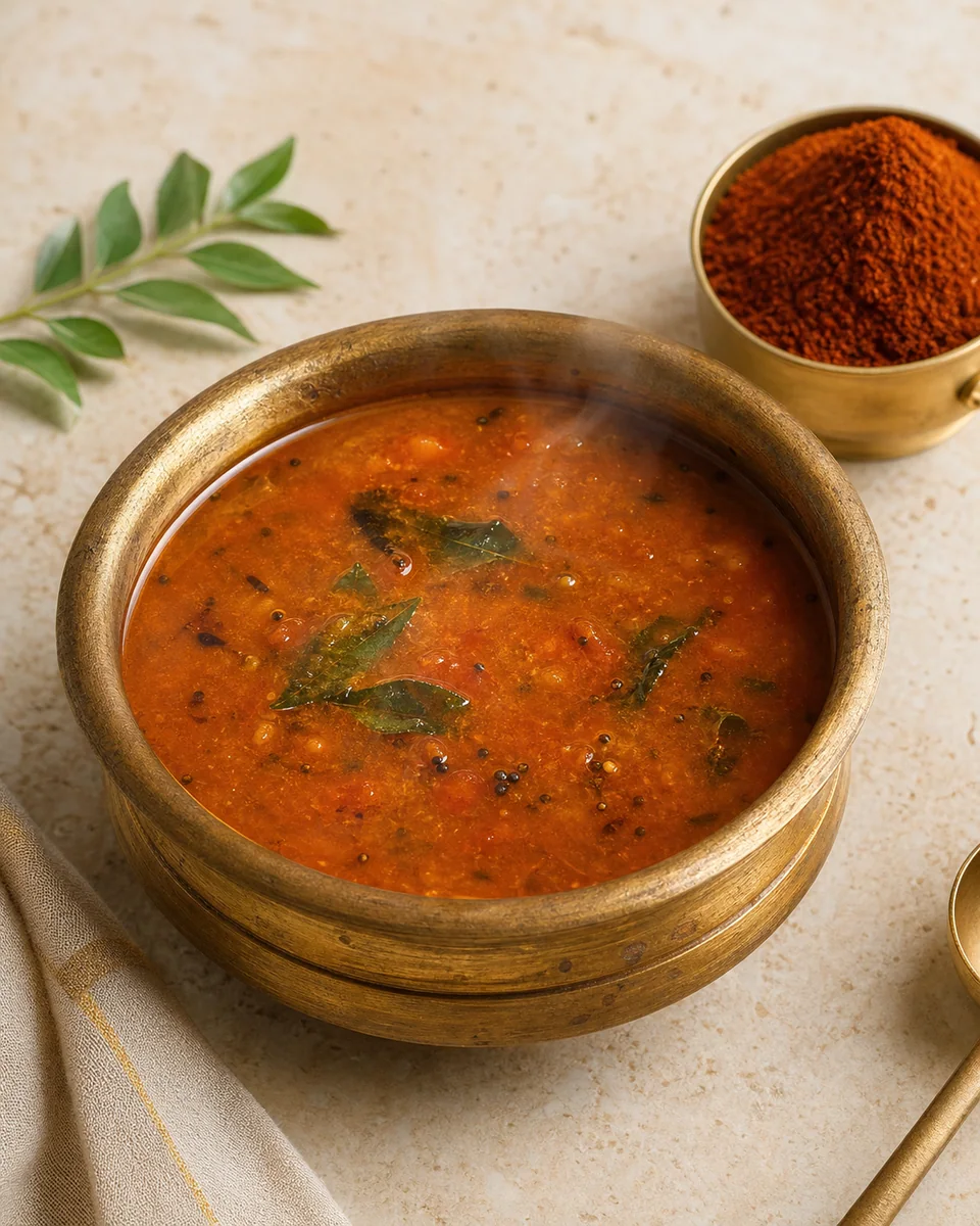 Steaming rasam in traditional brass serveware